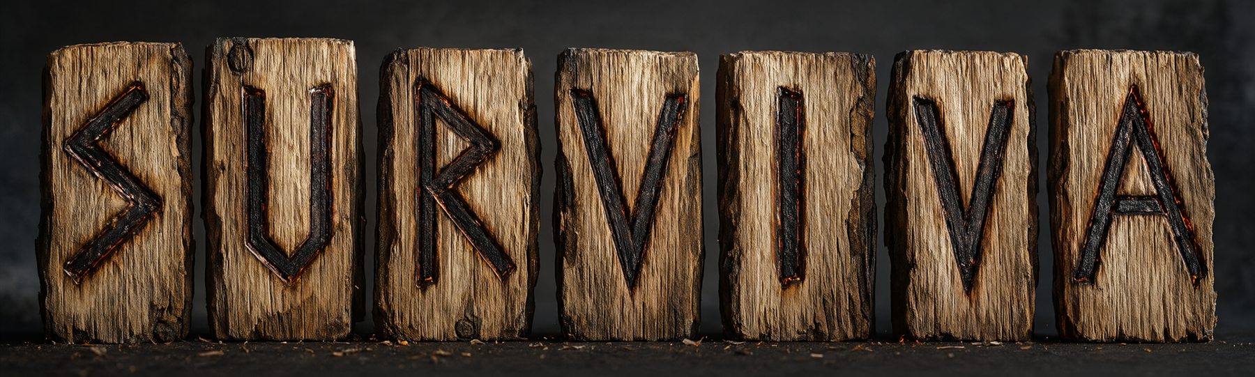 SURVIVA - Runenbuchstaben, in Holzstücke eingebrannt